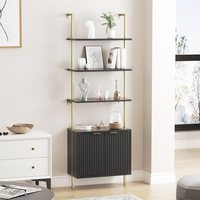 3 Tier Ladder Bookshelf with Cabinet, Wall Bookshelf with Rattan Storage and Metal Frame, Tall Ladder Shelves for Home Office, Black