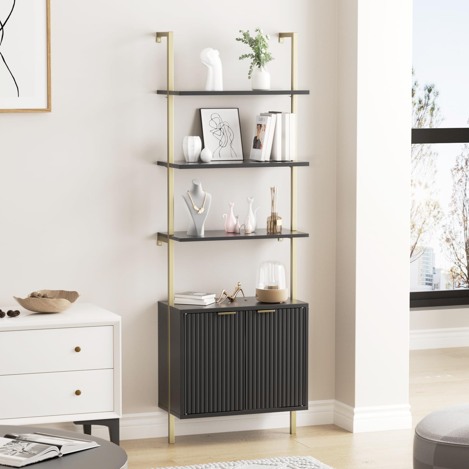 3 Tier Black & Gold Ladder Shelf with Storage Cabinet, Modern Ladder Bookshelf with Fluted Doors, Wall Mount Bookcase with Metal Frame, Display