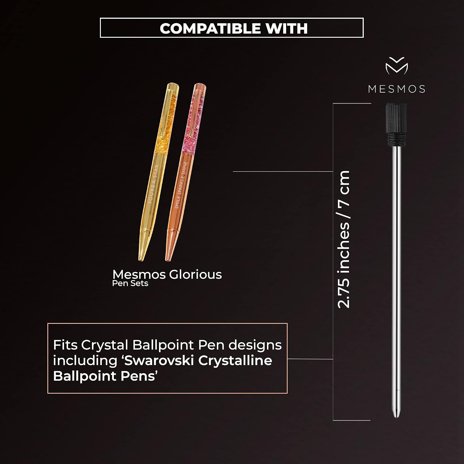 MESMOS Ballpoint Pen Refills 2.75inch (7cm) Pen Refills 1.0mm Medium Tip,Pen Replacement Cartridges Twist Pens and Crystal Ball Point Pens, fits The Mesmos Glorious Pen Set (Black Ink) image 4