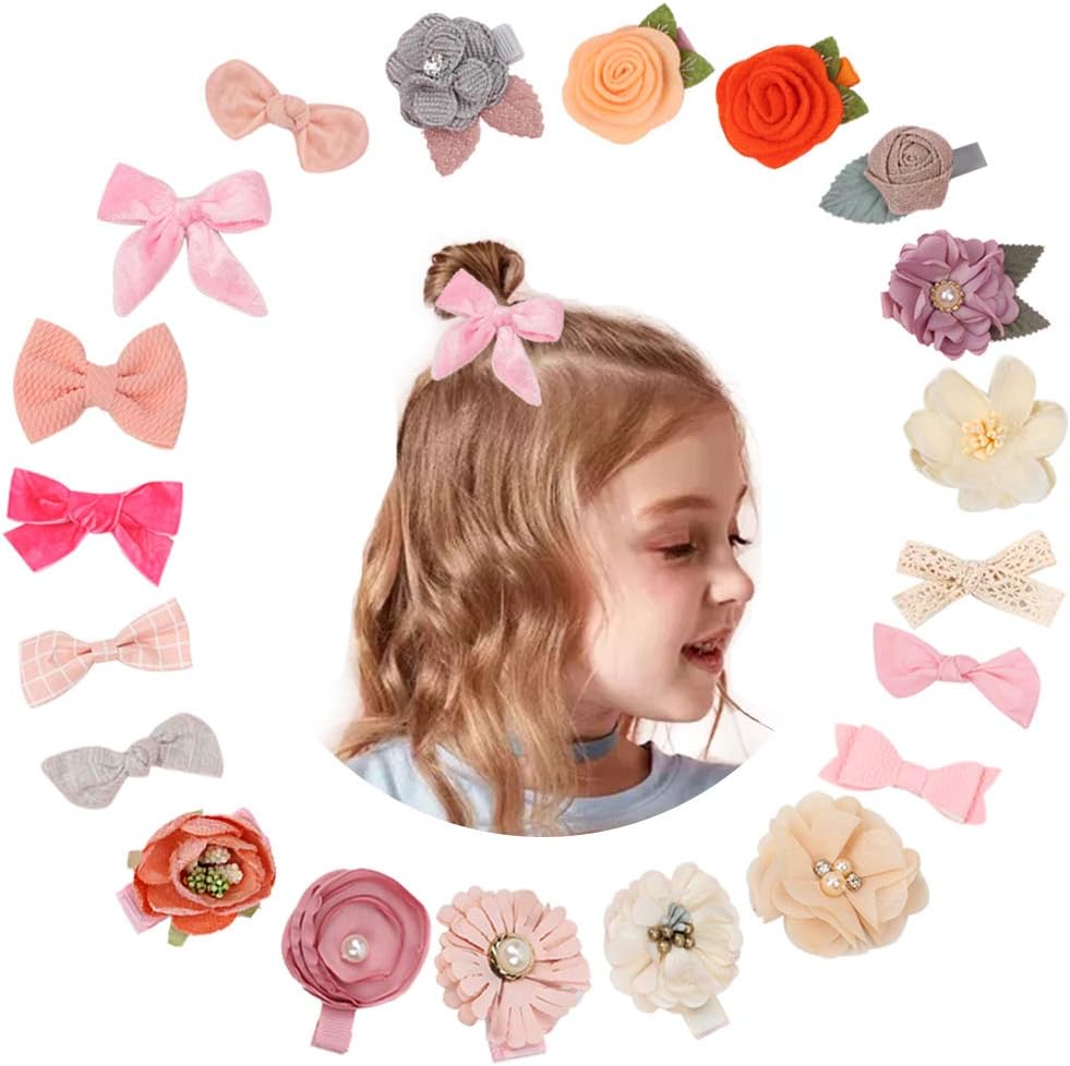20pcs Baby Girl Hair Clip, Snowstar Multi Colored Flower Non Slip Alligator Clip Fully Lined Barrettes Handmade Floral Hair Accessories for Newborn Infant Kids Toddle(Multi colored) (Pink)