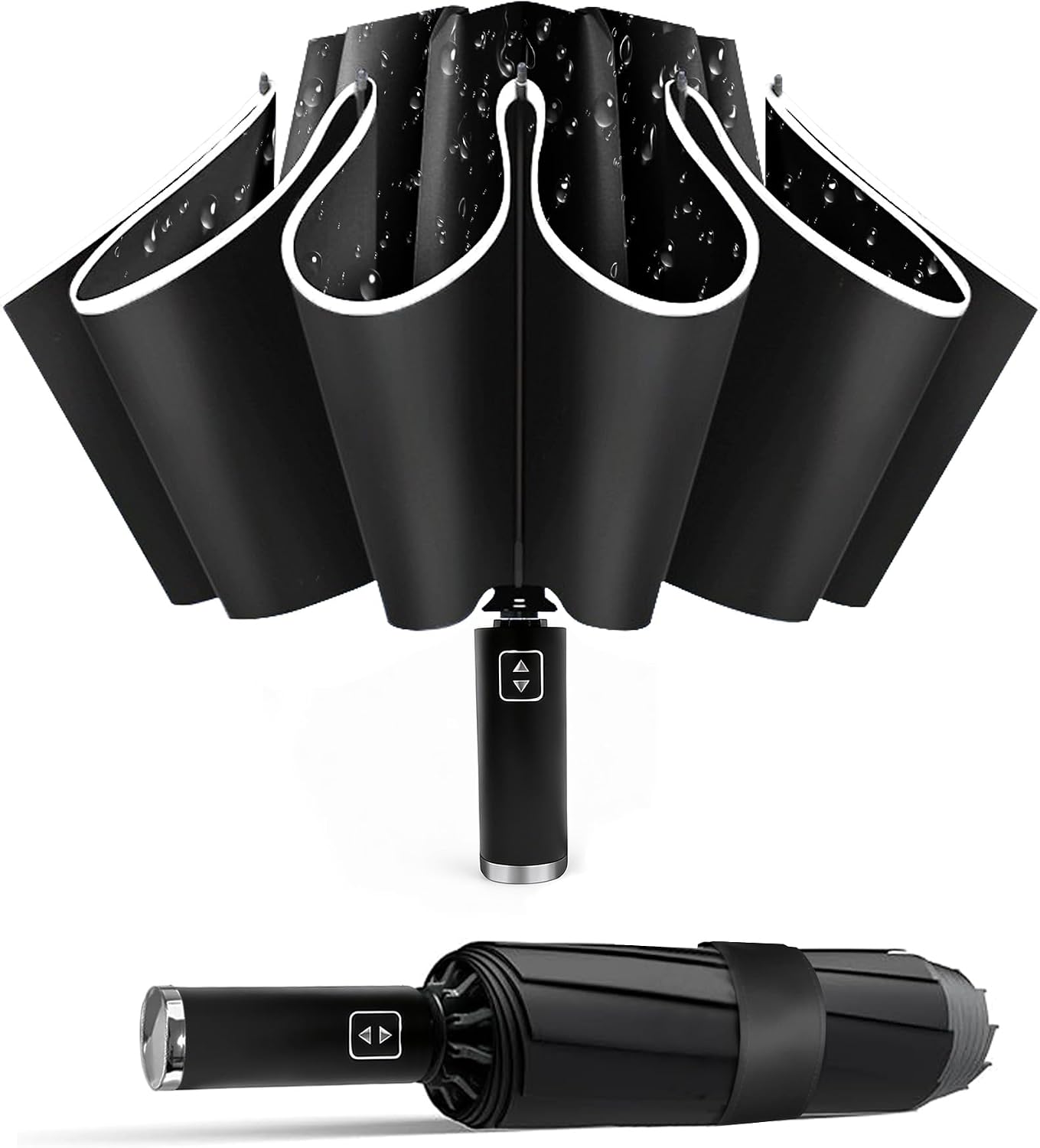 Windproof Travel Umbrella Auto Open Close - 10 Ribs Strong Inverted Umbrella for Rain Sun, 360° Reflective Stripe Reverse Folding Umbrella, Compact Portable for Women Men Car, PU Bag