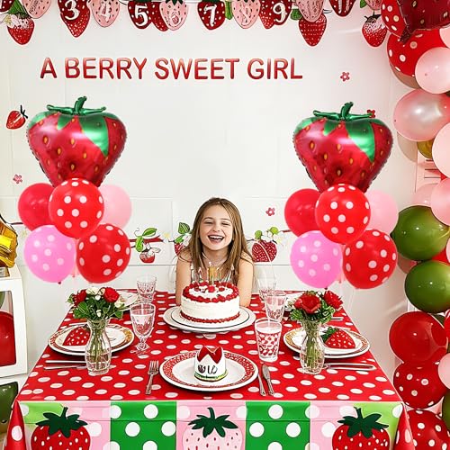 Strawberry Balloon Stand for Table Centerpiece Stand Kit 2 Sets with 2 Strawberry Foil Balloons and 14 Latex Pastel Balloons for Strawberry Themed Birthday Party Decorations by Zyloon - Used condition - Image 2