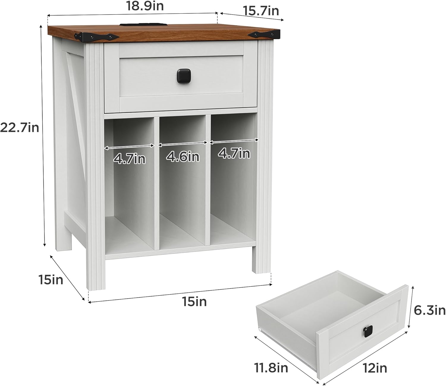 Diagram showing the dimensions of the HOSEOKA Farmhouse Nightstand, including height, width, depth, and internal drawer and shelf measurements.