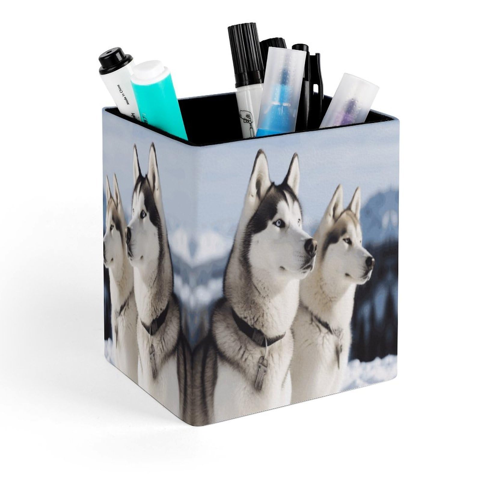 VstaDank Husky Dogs Pen Holder Square Pencil Holder Leather Pencil Cup Pen Organizer Makeup Brush Holders Pen Cups Desktop Stationery Organizer for Home Office Desk Organizers
