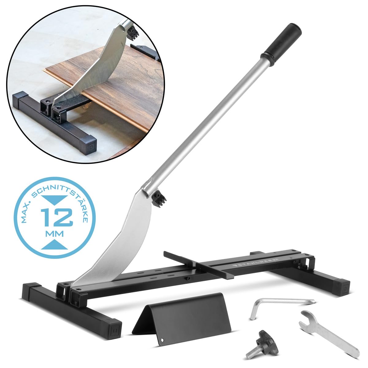 STAHLWERK Laminatschneider – Vinylschneider, Laminatcutter, Schneidegerät mit 210 mm Schnittbreite, maximale Schnittstärke 12 mm, ideal für das Verlegen von Laminat, Set mit Winkel und Zollstock