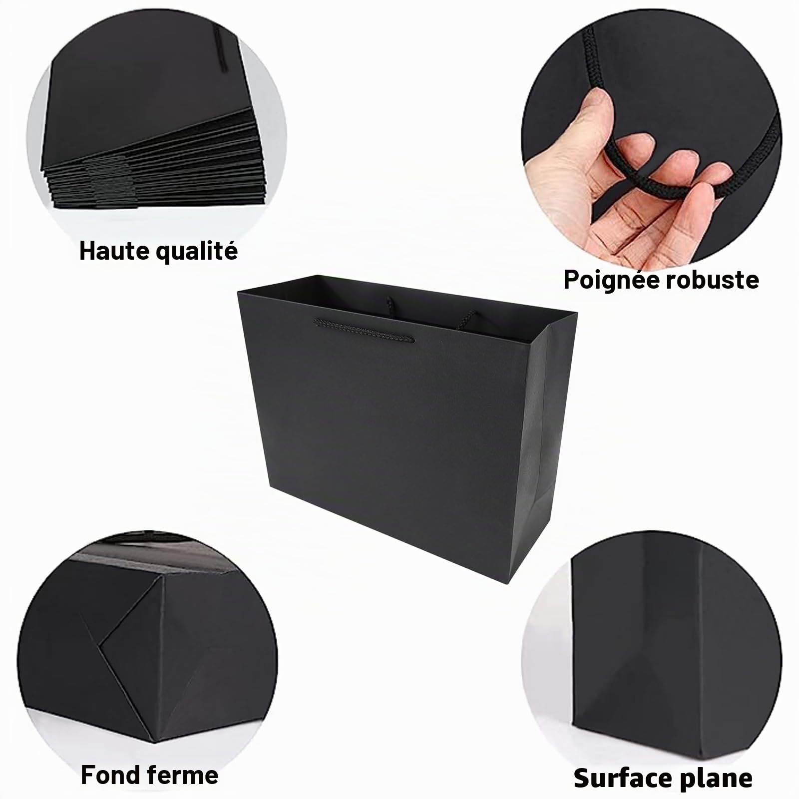 12 x Sacs en papier, Sacs cadeaux avec bord noir laminé mat, Sacs cadeaux en kraft avec poignées pour anniversaire, mariage, Noël, fête, shopping, baby shower, vente au détail, 35x13x26 cm (Noir)