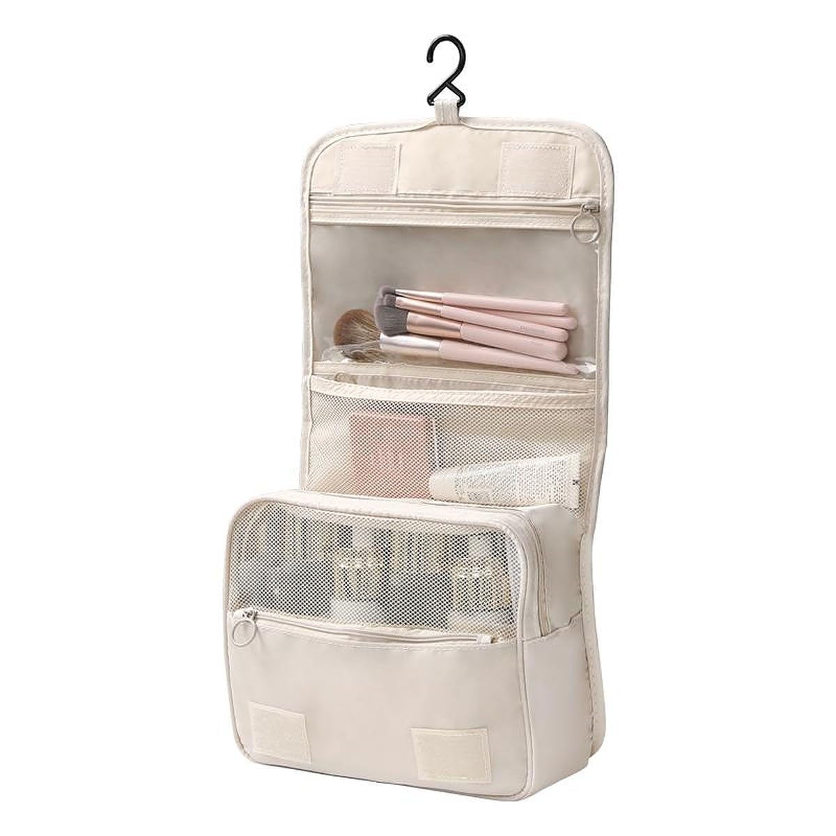 Toiletry Bag Travel Nylon Beige Foldable Cosmetic Makeup Pouch Organizer Multipurpose Kit Brush Shaving Medicine Waterproof Travel Utility Bag for Men Women (Cream)-image-1