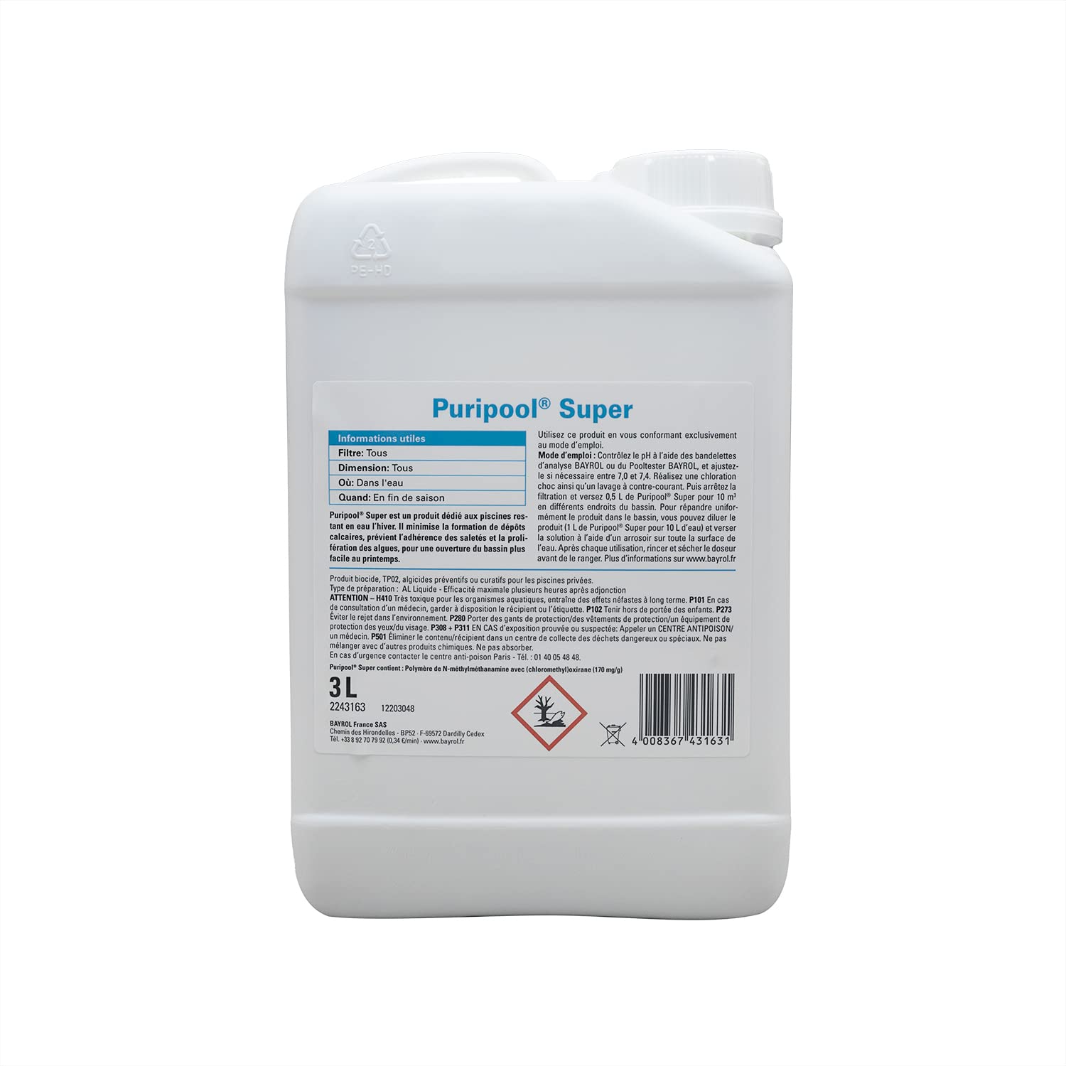 BAYROL PURIPOOL Super Liquide - 3L | Hivernage - Ultra Concentré - Non moussant + 10 Tests HPS OFFERTS 6 en 1