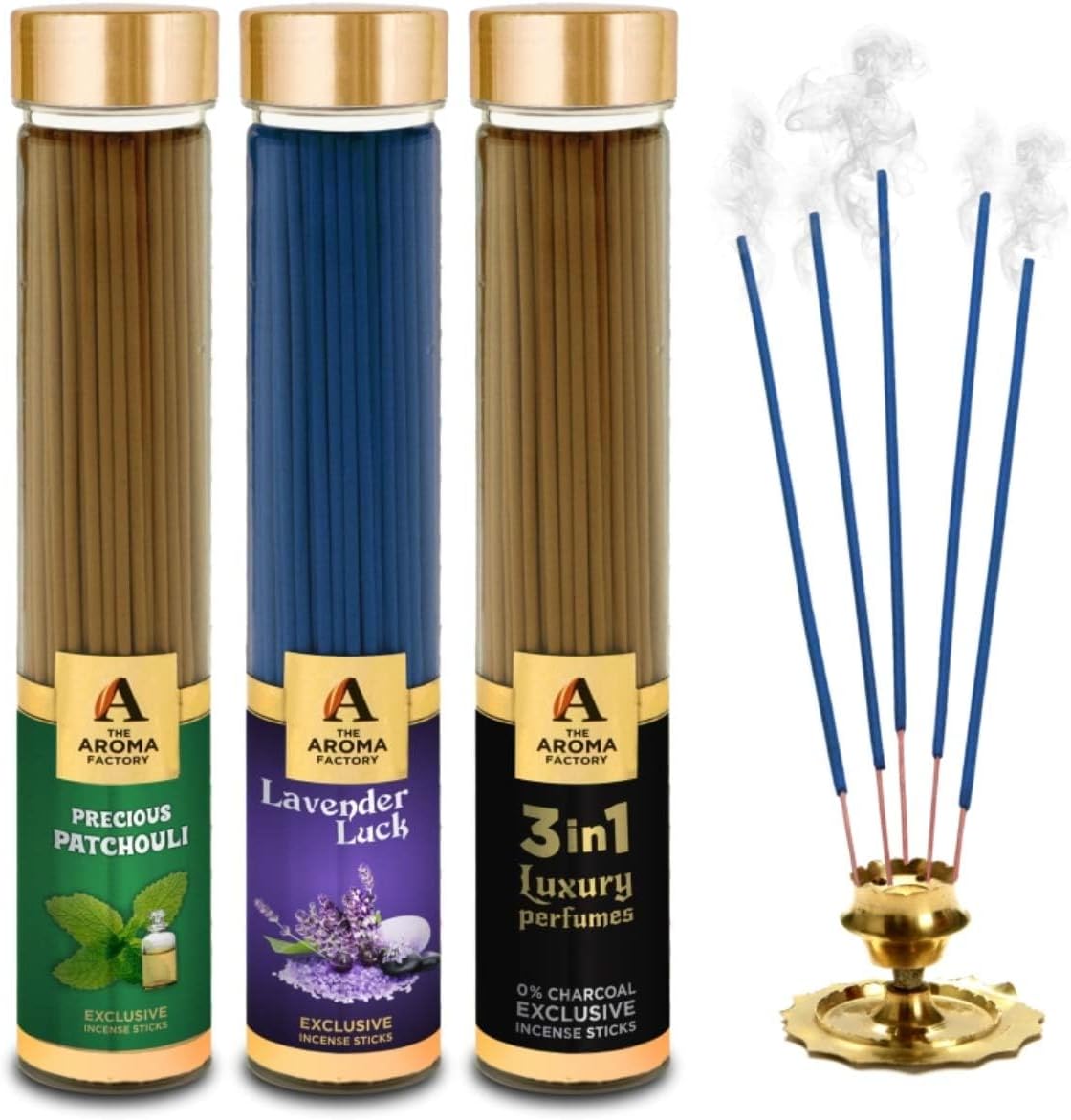 The Aroma Factory Patchouli,Lavender & 3 in 1 Agarbatti for Pooja,Luxury Incense Sticks,100% Herbal Fragrance Agarbathi, 0% Surphates (Bottle Pack of 3x100g)