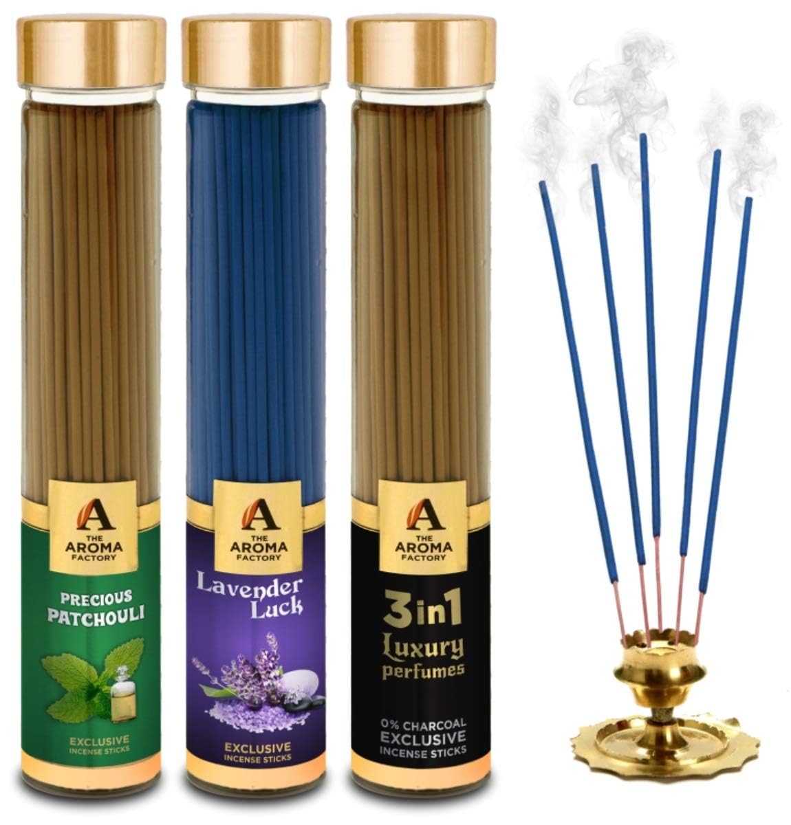 The Aroma Factory Patchouli,Lavender & 3 in 1 Agarbatti for Pooja,Luxury Incense Sticks,100% Herbal Fragrance Agarbathi, 0% Surphates (Bottle Pack of 3x100g)