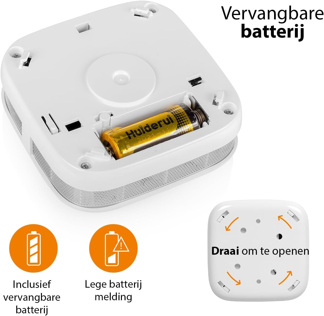 Smartwares FSM-12601 Wi-Fi Smoke Detector with the back cover open, showing the CR123A battery compartment. An arrow indicates 'Turn to open'.