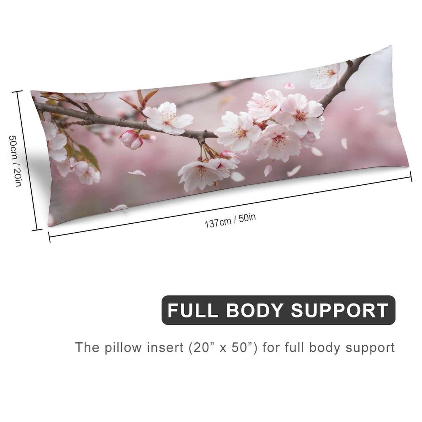 velumair Cherry Blossom Branches Body Pillow Cover 20x54 Inches Long Bed Decor Pillow Case Protector with Zipper Closure Body Pillowcase for Home Bedding