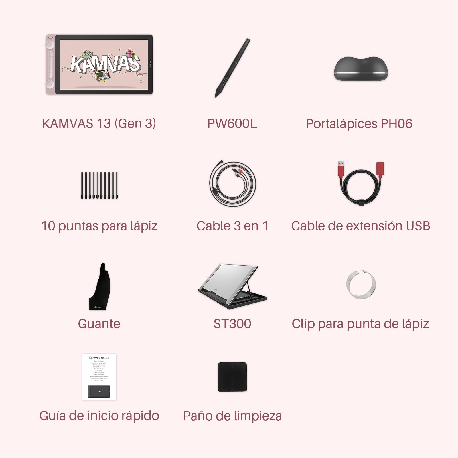 HUION Kamvas 13 Gen3 2024 Tableta Gráfica con Pantalla, Tableta de Dibujo Canvas Glass de 13,3", 99% sRGB, Nuevo Pentech 4.0, 16384 Presión del Lápiz, Diales Duales, Soporte Ajustable, Rosa