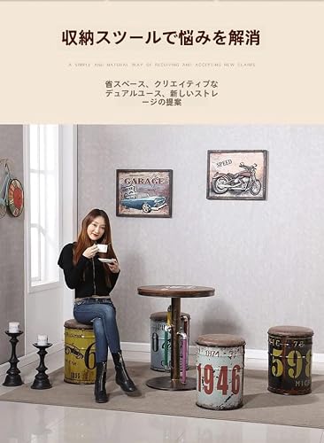 TAKEY足置き台 収納スツール ドラム缶 フットスツール ラウンドオットマン ビンテージデザイン家具 アメリカン雑貨 ローチェア アンティーク 収納ボックス おしゃれ プレイルーム 低所作業 家庭 靴替えスツール (レトロ66) [5]