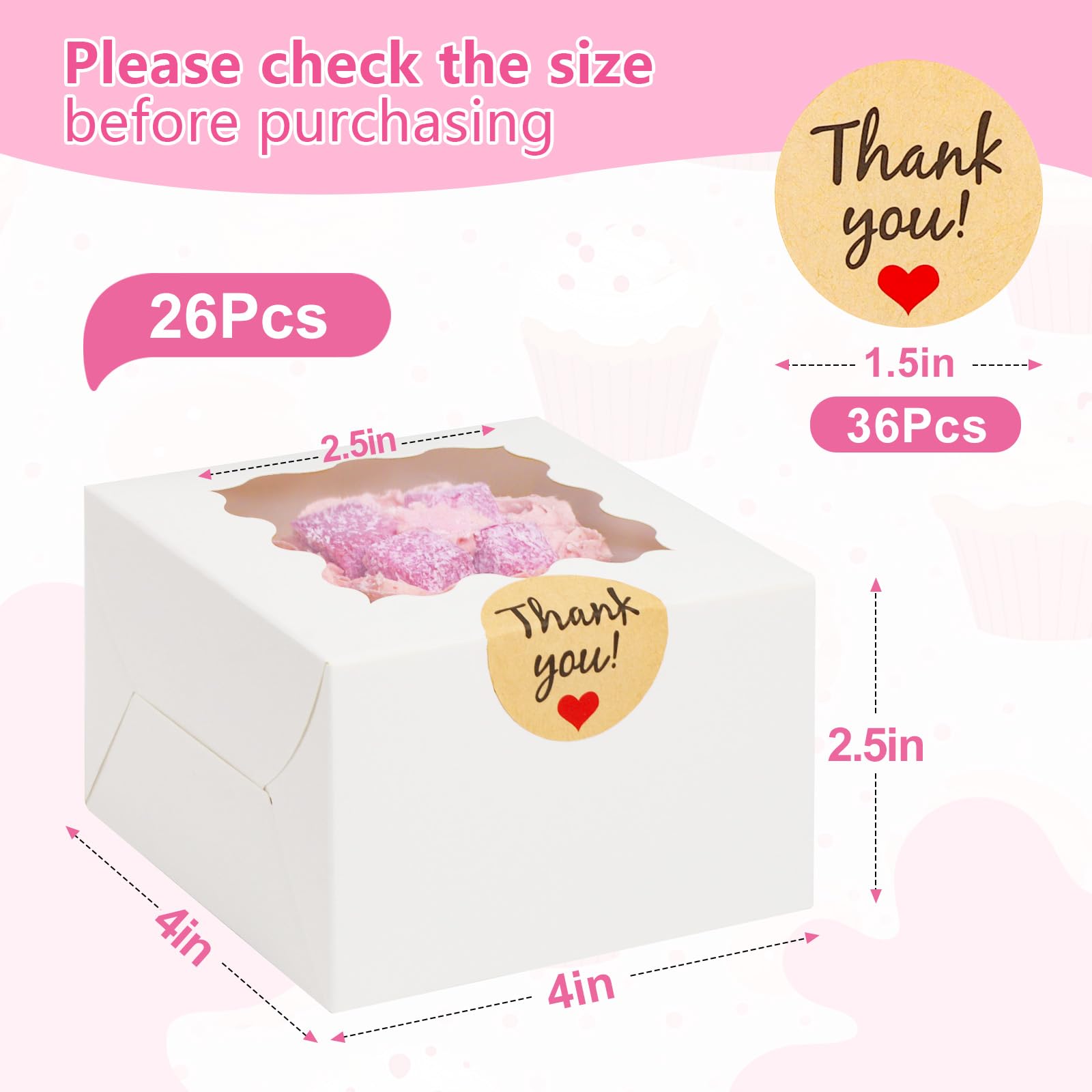 26pcs White Cookie Boxes with Window, 4x4x2.5 Inches Small Bakery Boxes with 36pcs Stickers, for Mini Cake Cookies Treat Dessert Pastry Donuts Macaroon Strawberries Chocolate Cupcakes Candy