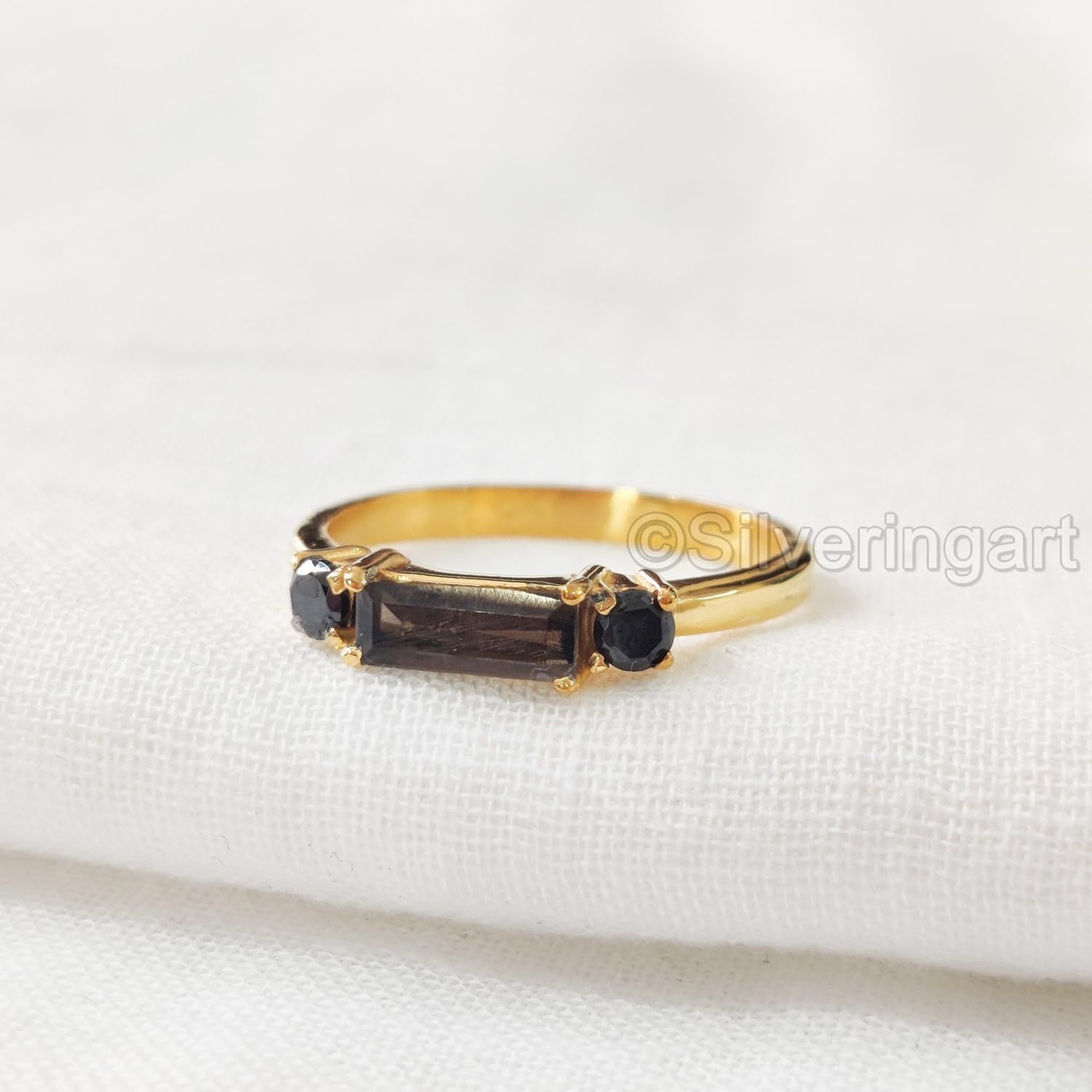 Baguette Smoky Quartz Ring, 925 Sterling Silver, Black Spinel Ring, Womens Ring, Natural Quartz & Spinel, Birthstone, Thanksgiving, Tiny Dainty Ring, Statement Jewelry, Wedding Band, Stacking Ring