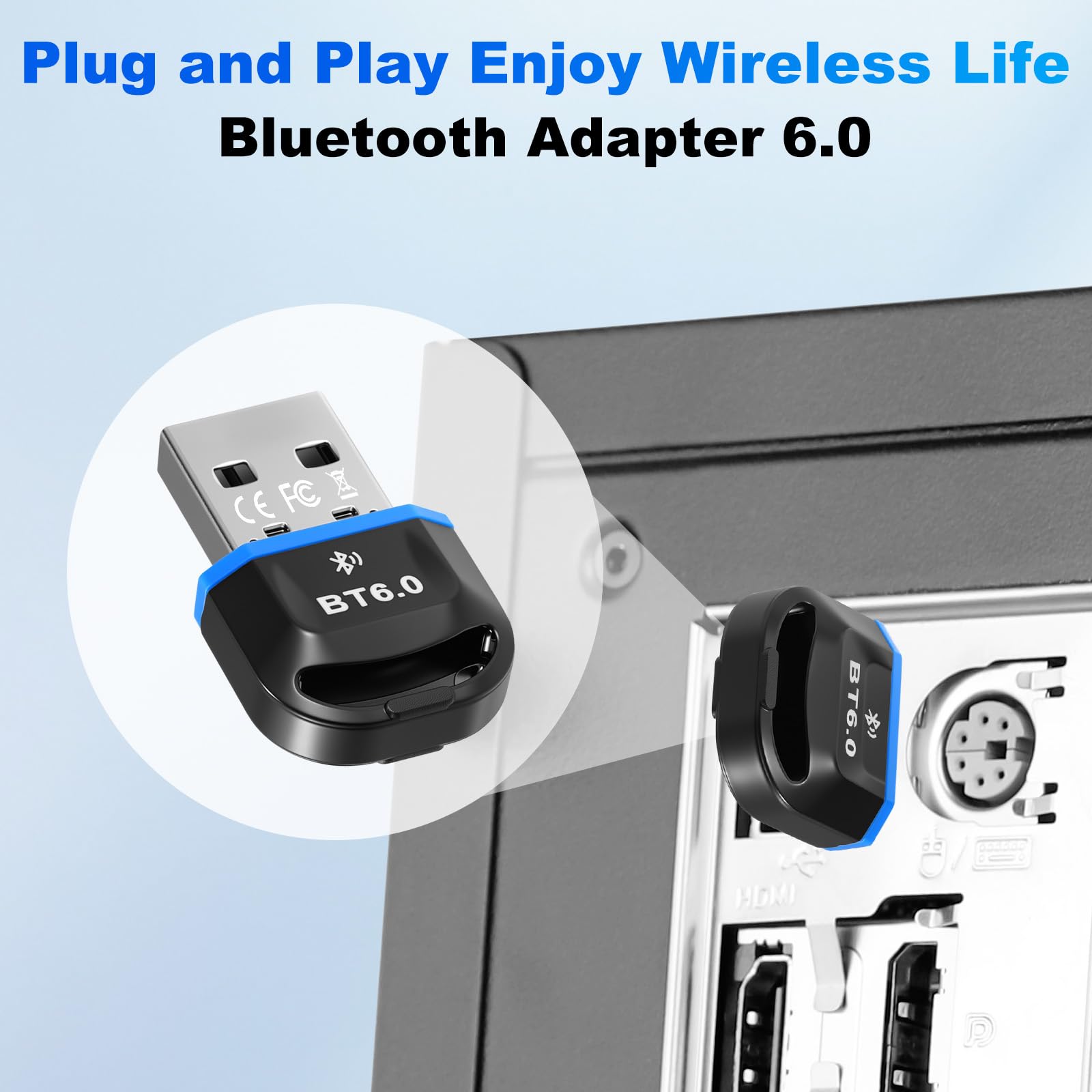 Adaptador Bluetooth 6.0 para PC, Adaptador USB Bluetooth con Windows 11/10/8.1 para PC de sobremesa/portátil/Auriculares/Teclado/ratón/estéreoBluetooth