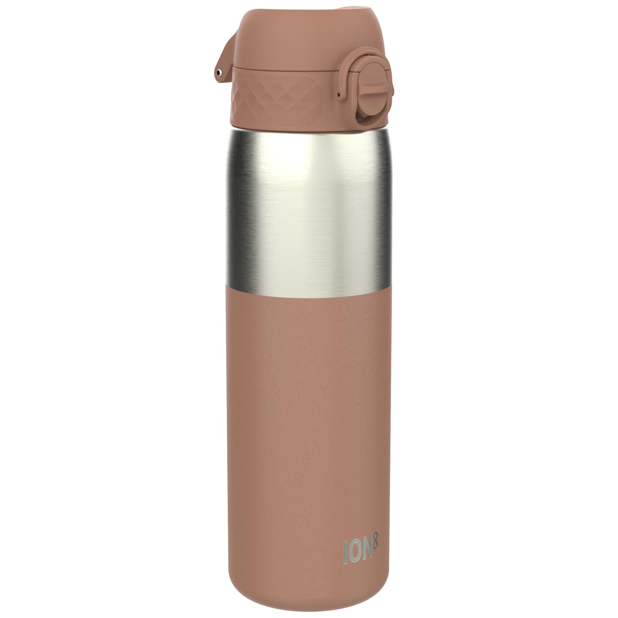 ION8 Lightweight Steel Water Bottle, 600ml/20oz, Non-Insulated, Leak Proof, Easy to Open, Secure Lock, Dishwasher Safe,Flip Cover, Fits Cup Holders, Metal Water Bottle, Half Cut Mocha Mousse
