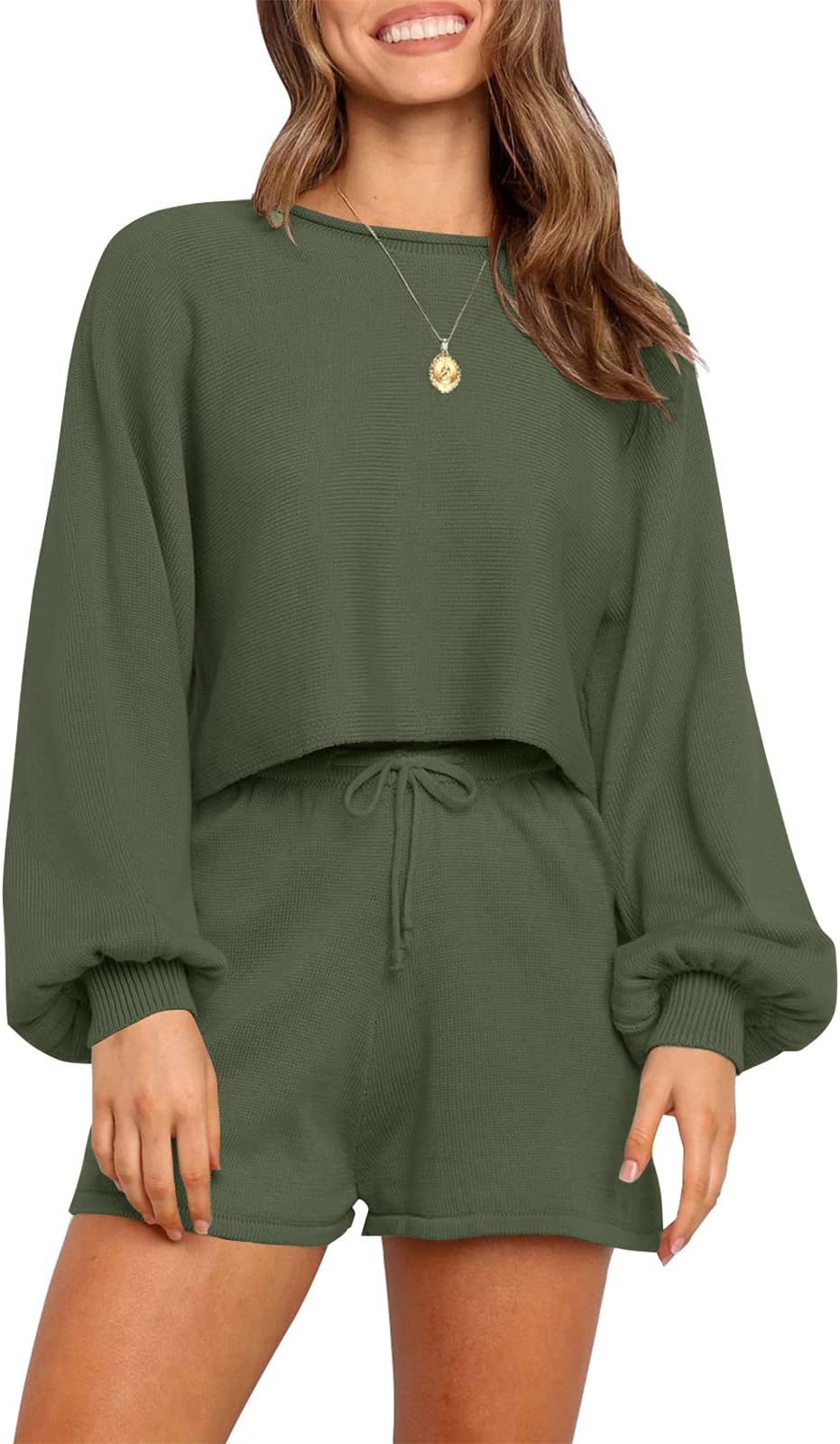 Women's Casual Long Sleeve Solid Color Knit Pullover Sweatsuit 2 Piece Short Sweater Outfits Sets