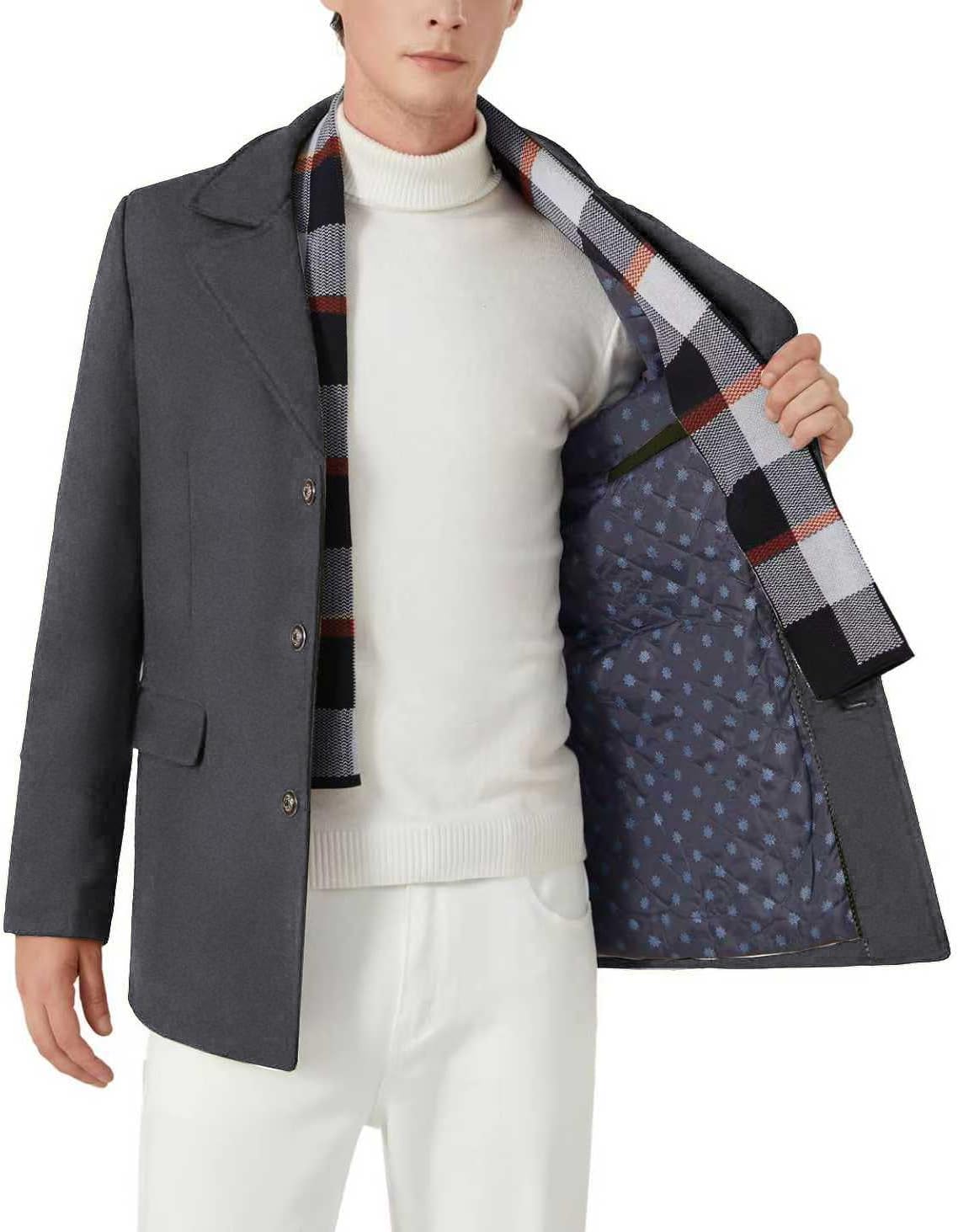 INVACHI Mens Wool Blend Coat Winter Trench Coat with Detachable Soft Scarf Single Breasted Overcoat - Image 2