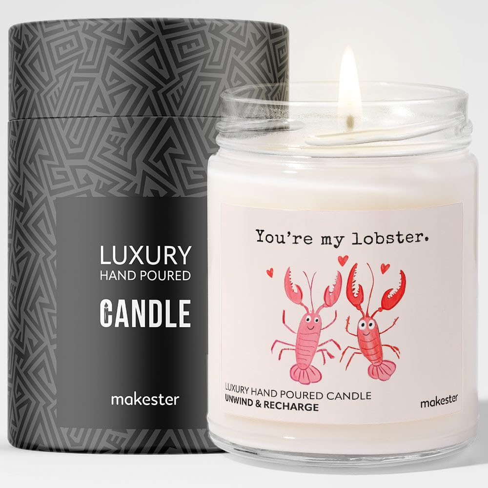 Lobster Gifts - Luxury Soy Wax Candle - Vanilla, Jasmine, Sugared Almond - Makester, White, 220g