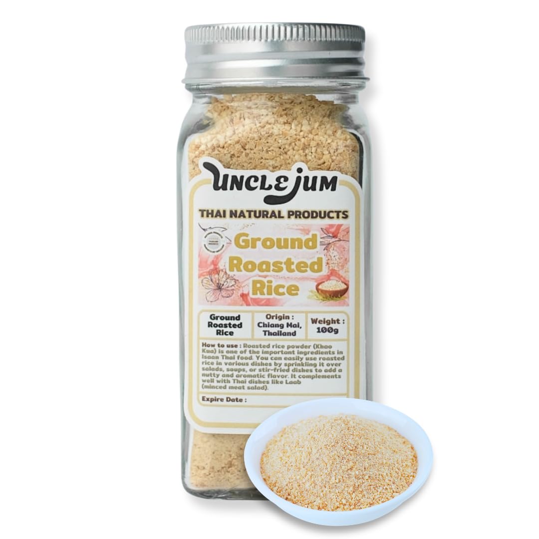 Thai Ground Roasted Rice (Khao Khua) 100 gram Laab Namtok Jaew ingredient Kao Kua from Thailand in beautiful Thick glass spice storage bottle easy to