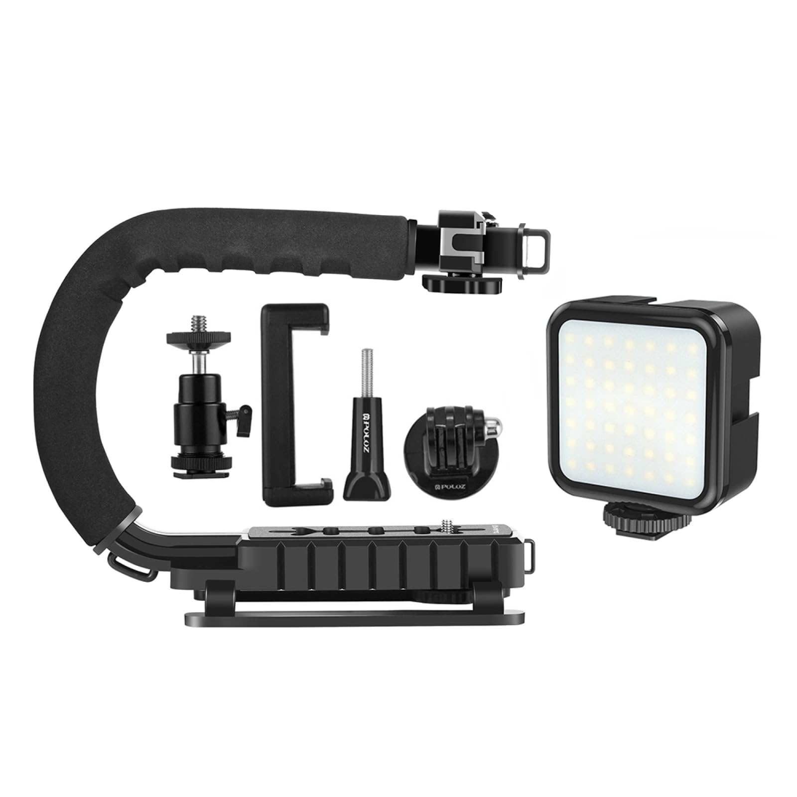 PULUZ U/C Shape Video Action Stabilizing Handle Grip Handheld Stabilizer Kit with Phone Clamp + LED Studio Light for Canon Sony Nikon Cameras and Home