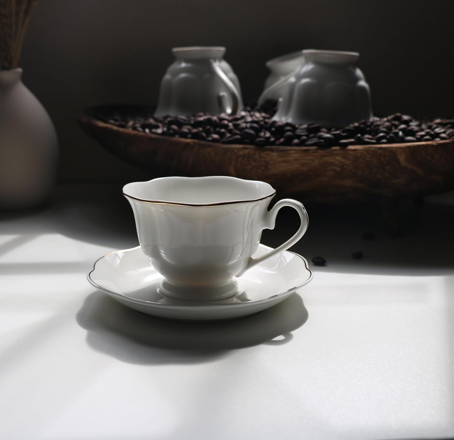 Guangyang 12 Pieces Tea Cup set Fine Porcelain 6oz Cup and Saucer set of 6 for Cappuccino Tea Flat White Coffee - Image 2
