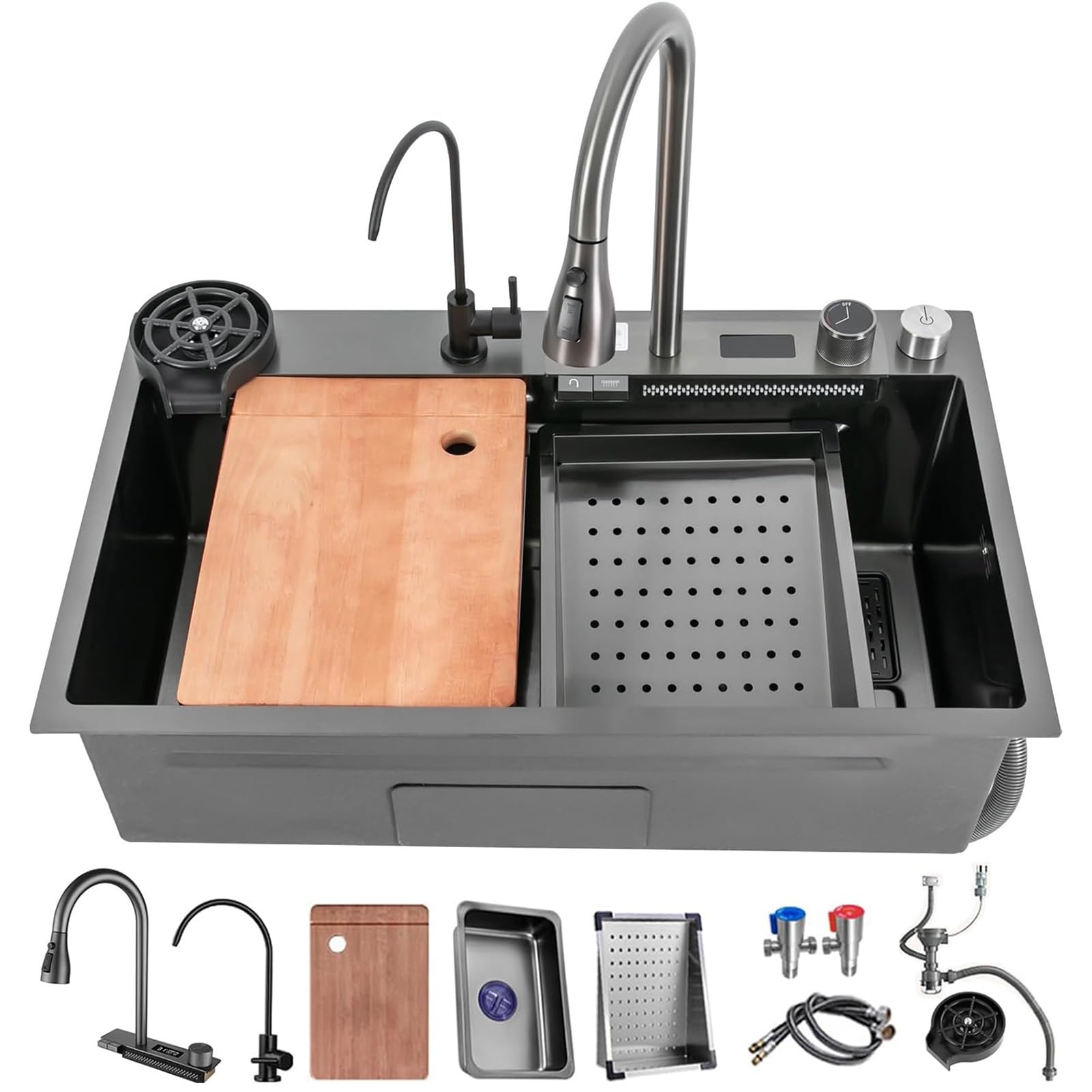 WIQUYBML 75cm Stainless Steel Single Bowl Sink, Waterfall-Style Nano Kitchen Drop in Large Capacity Workstation Sink with Multi-Functional Accessories(C,75x45x22cm)