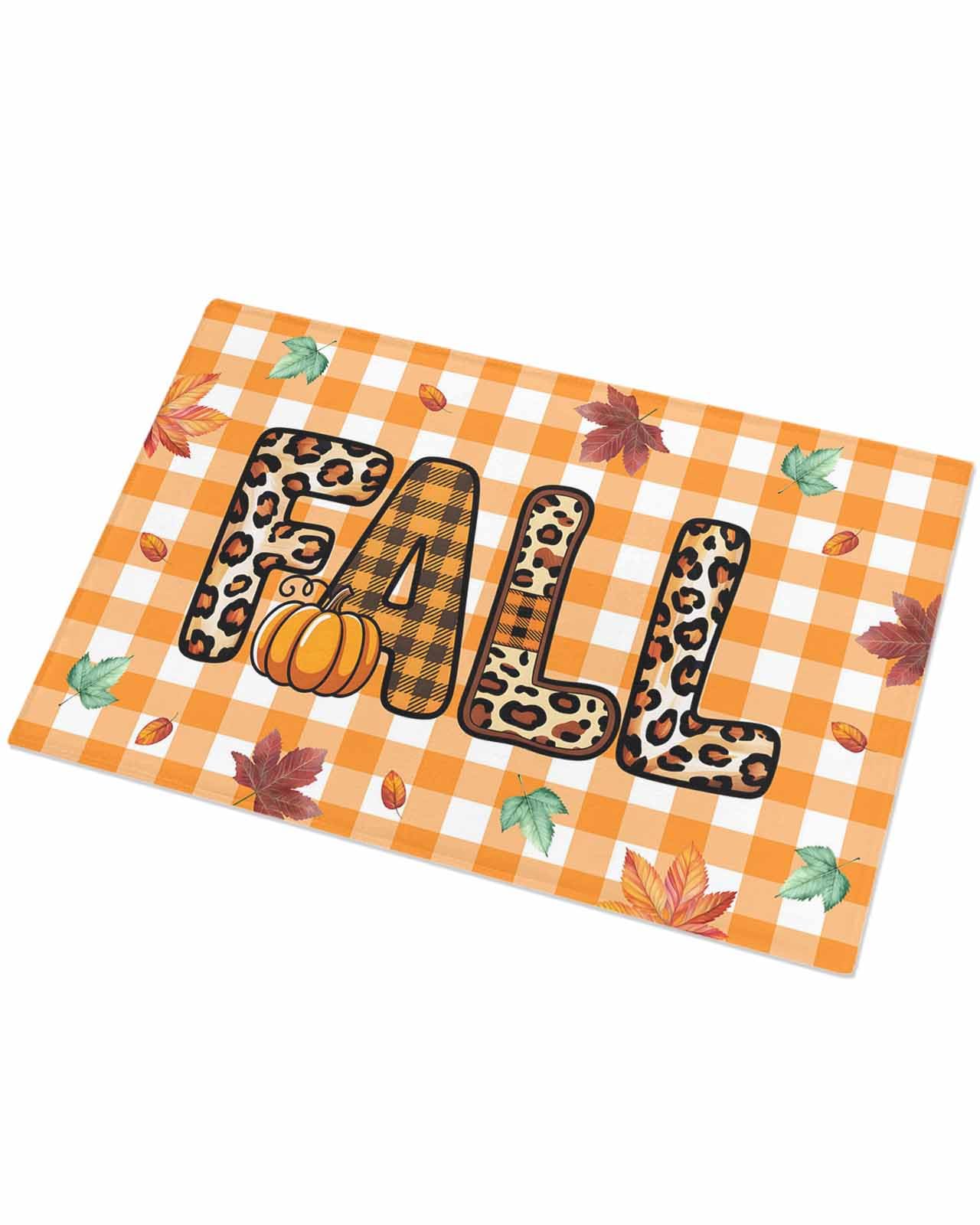 Indoor Doormat Leopard Fall Maple Leaves,Shaggy Floor Mat with Non-Skid Backing Orange White Buffalo Plaid,Machine Washable Plush Area Rug Carpets for Kitchen Nursery Bedroom
