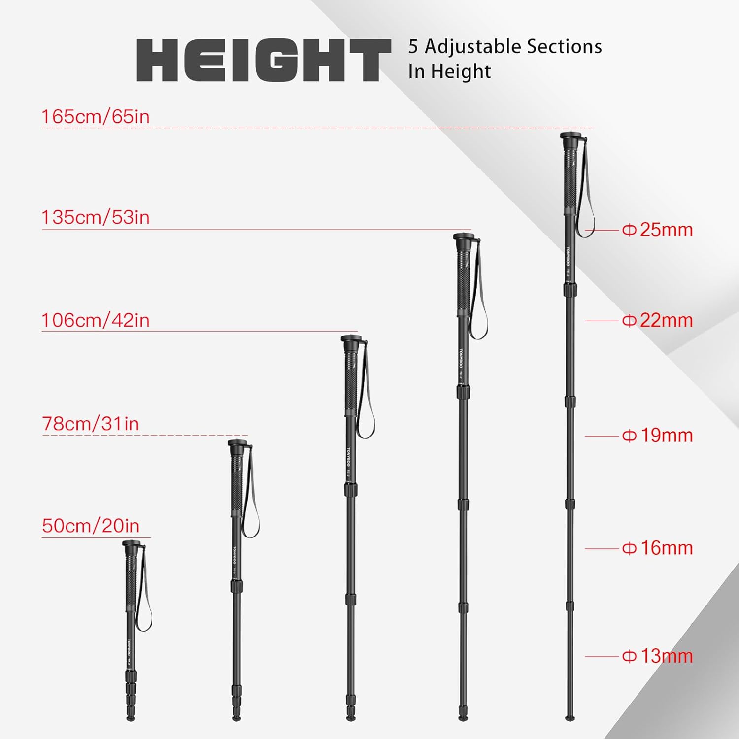 TONYBOO 65” Aluminum Camera Monopod,Lightweight & Portable, 5-Section Travel Monopod, Max Load 40 lbs for DSLR/Mirrorless Cameras, Camcorders, Compatible with Canon Nikon Sony - TE-2