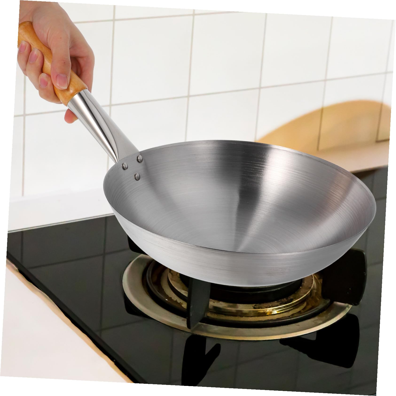 Wok Singolo Manico in Acciaio Inox e Legno per Verdure Quotidiane