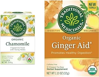 Traditional Medicinals Organic Chamomile Herbal Tea, 16 Count Teabags (Pack of 1) & Organic Ginger Aid Herbal Tea (Pack of 1) - Help Relieve Digestive Upset, Indigestion and Nausea - 16 Tea Bags Total
