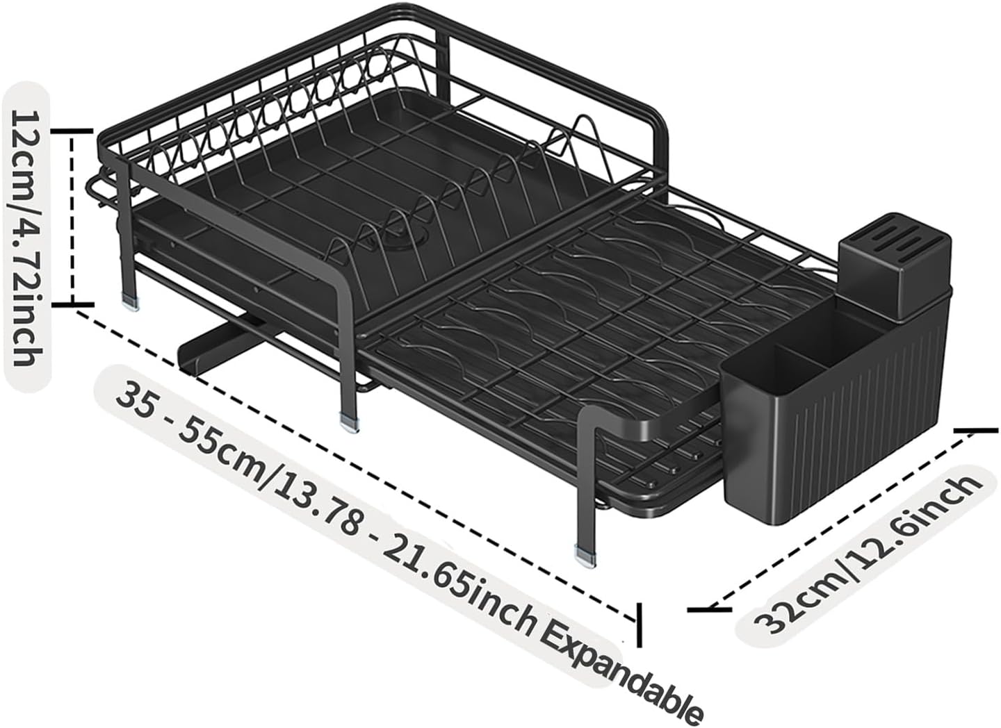 Large Dish Drying Rack with Drainboard,Expandable Dish Rack for Kitchen Counter, Utensil Holder & Cup Hooks,Rustproof Stainless Steel Drying Dish Rack 23.6’’L x 12.6’’W,Black