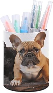 Cute French Bulldog PU Leather Pen Holder Round Desk Organizer | Cute Pencil Cup Circular Pencil Holder Waterproof Desk Decor Office Accessories for Desk Makeup Brush Marker Pen Teacher Gift
