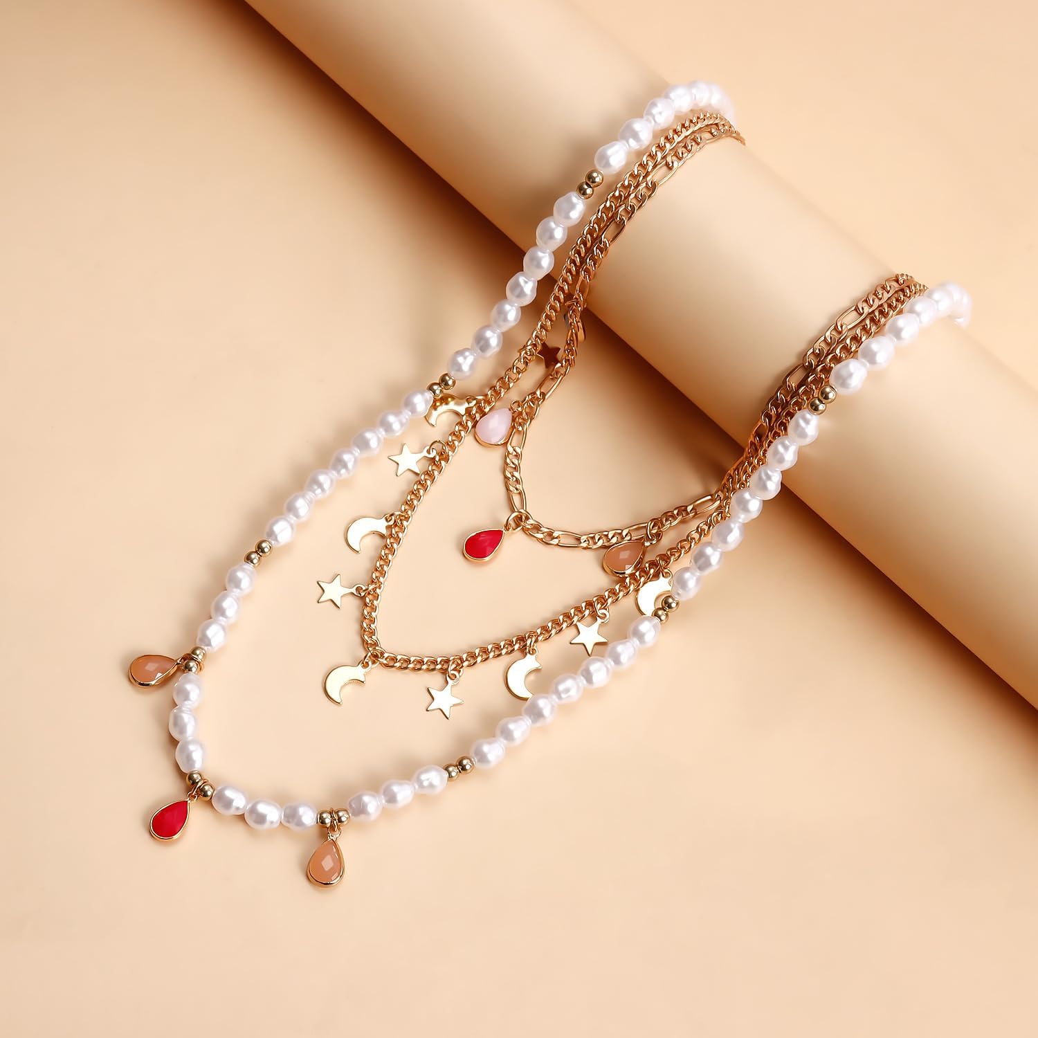 Layered Beaded Paperclip Chain Faux Pearl Star Moon Charm Colorful Boho Necklace for Women Alloy Crystal Long Draped Pendant Two Styles Gold Tone - Image 4