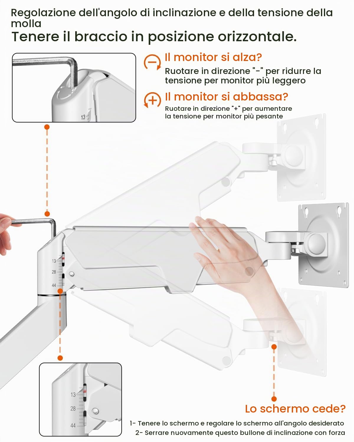 Supporto per monitor piatto e curvo da 17 – 49 pollici, robusto supporto per monitor a molla a gas regolabile in altezza con inclinazioni, maggiore capacità di carico di 2 – 20 kg,VESA White
