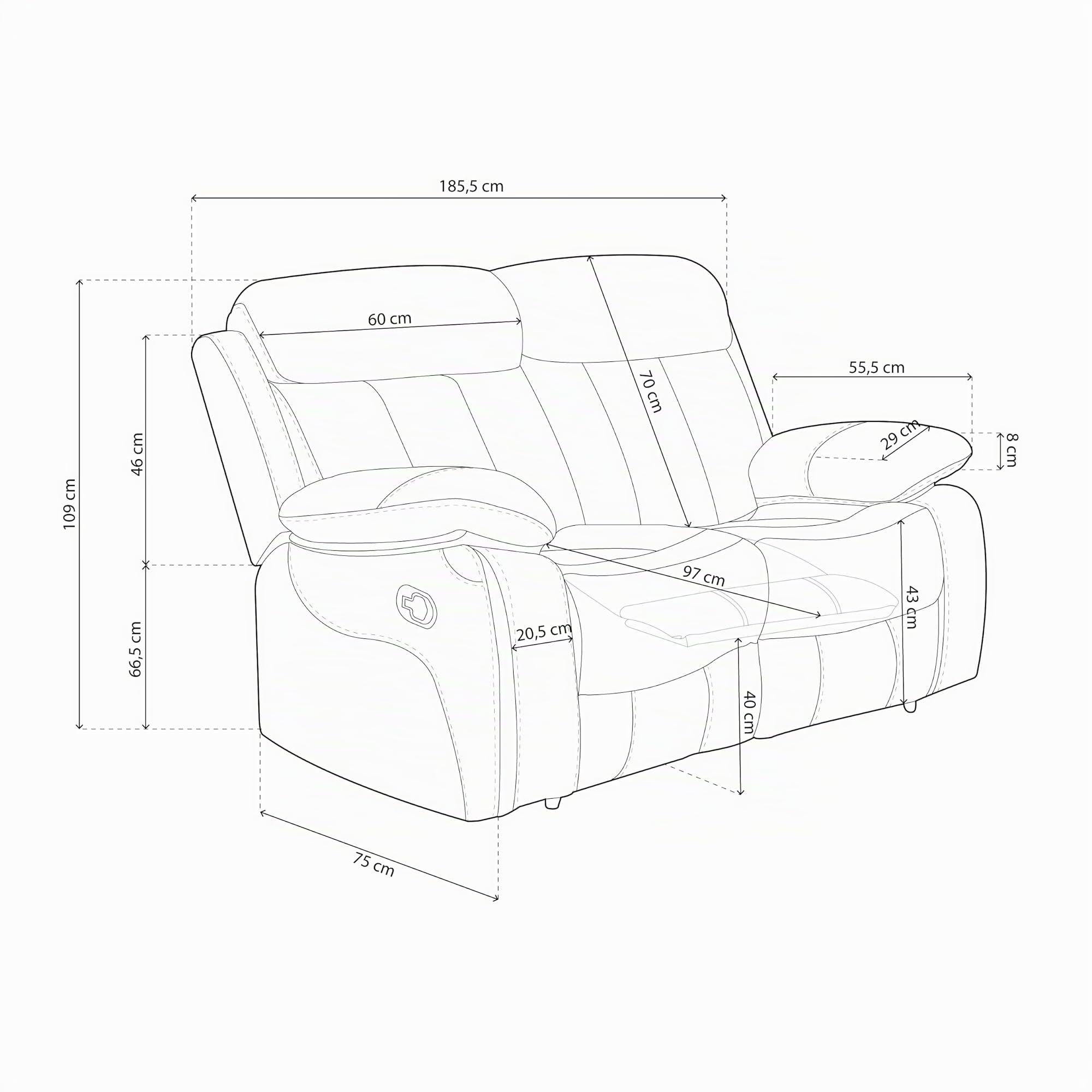 duehome | Sofá 2 Plazas, Sofá Reclinable, Asiento de Descanso, Modelo Kendal, Acabado en Tejido Color Marengo, Medidas: 152 cm (Largo) x 101 cm (Alto) x 97 (Fondo)