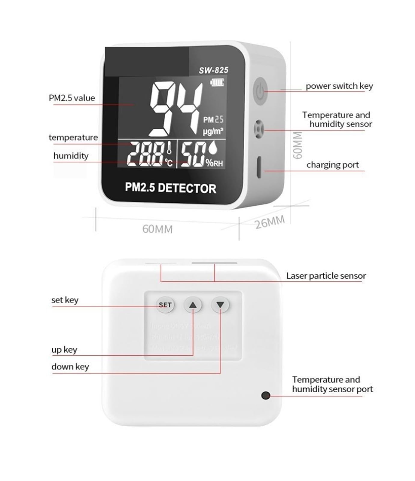 Monitor jakości powietrza, SW-825 Cyfrowy detektor PM2.5 0-500ug/m³ Mini przenośny PM 2 5 Czujnik jakości powietrza Miernik temperatury i wilgotności