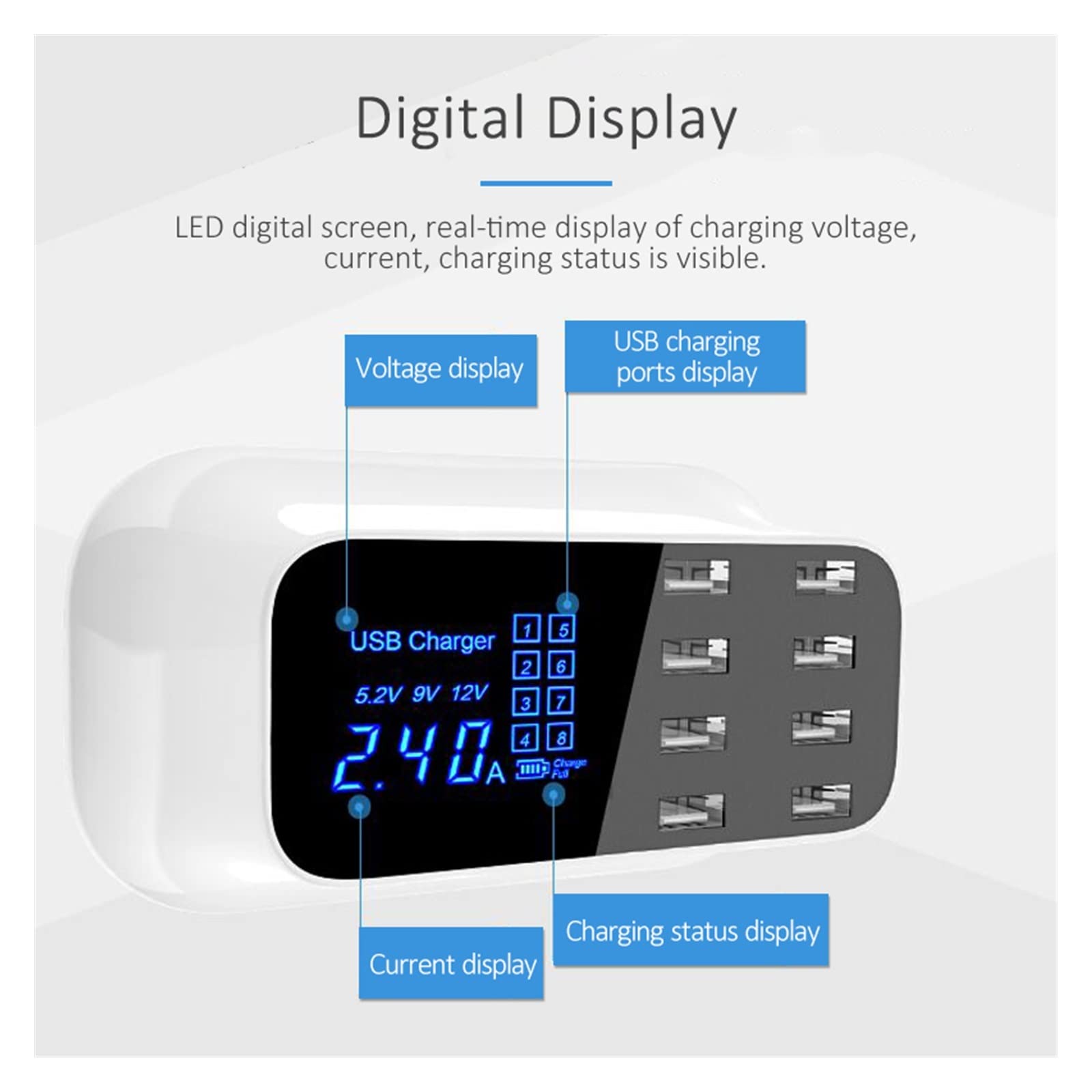 Caricabatterie USB, Display Digitale a 8 Porte Carica Rapida Adattatore di Ricarica Stazione Telefono Cellulare Domestica da Parete Compatibile con Il Caricabatterie Sicuro