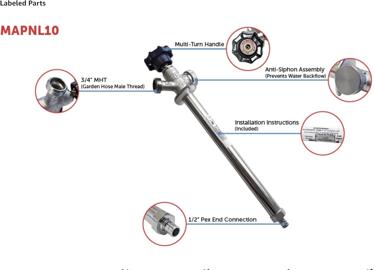 Merrill MFG MAPNL10 Frost-Free Anti-Siphon Outdoor Faucet, 10" Wall Sillcock with 1/2" PEX Inlet, Self-Draining No-Lead Chrome Hose Bib for Year-Round Use