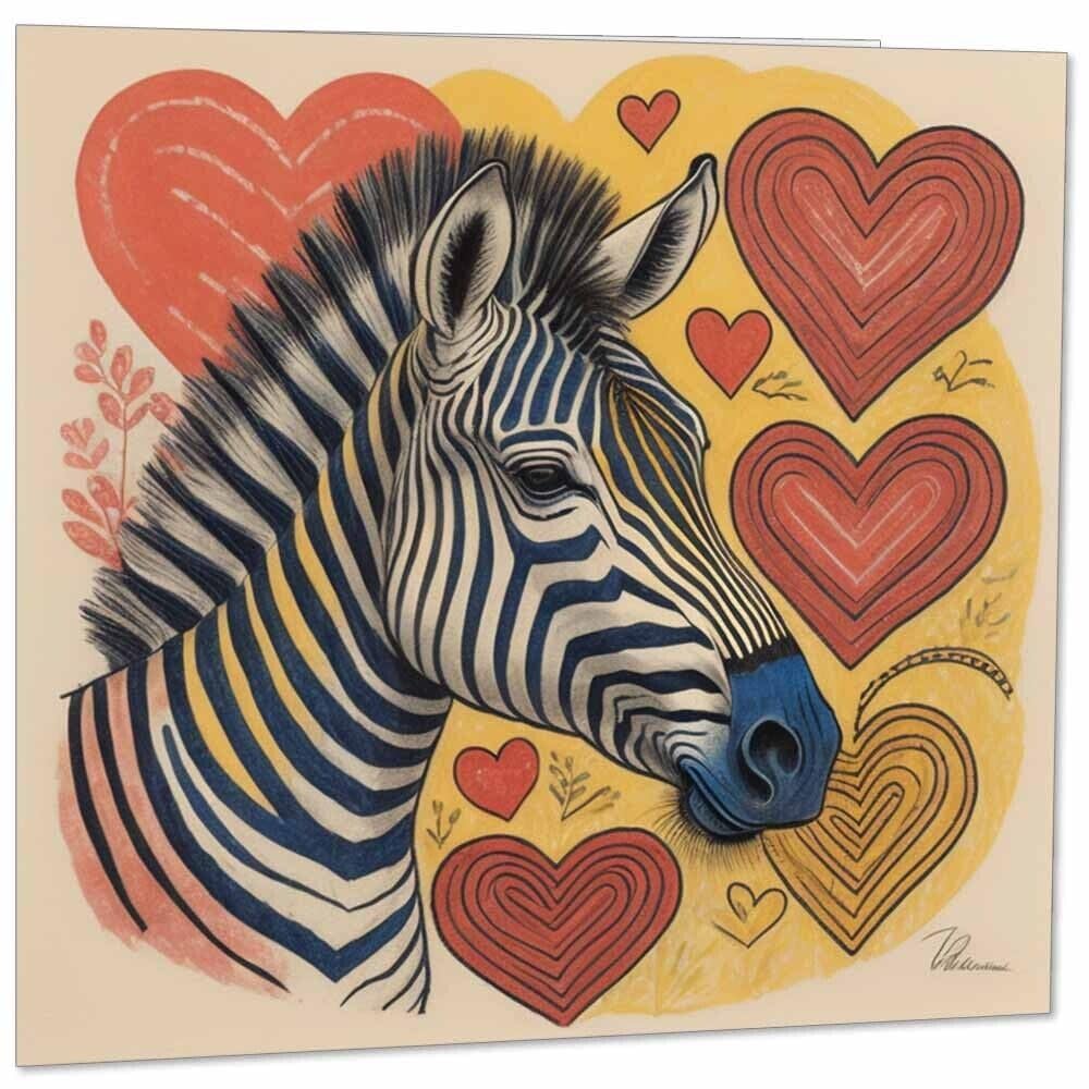 Zebra Greeting Card - Love Heart Zebra Birthday Card 145mm x 145mm