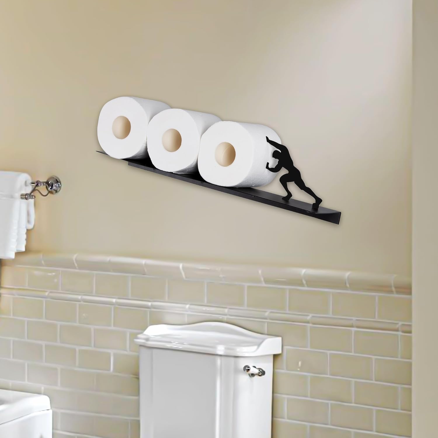 Multifunctional Wall-Mounted Toilet Paper Holder Shelf – Heavy-Duty Metal Bathroom Storage & Decorative Art – Towel Rack, Tissue Organizer & Plant Display (Black)