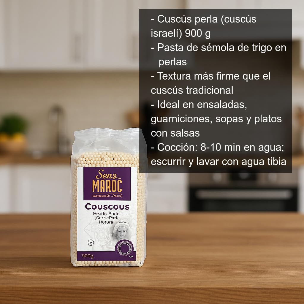 Cuscús Perla 900 g tipo israelí Pasta de sémola de trigo para ensaladas y guarniciones Textura firme y suelta, absorbe salsas y caldos