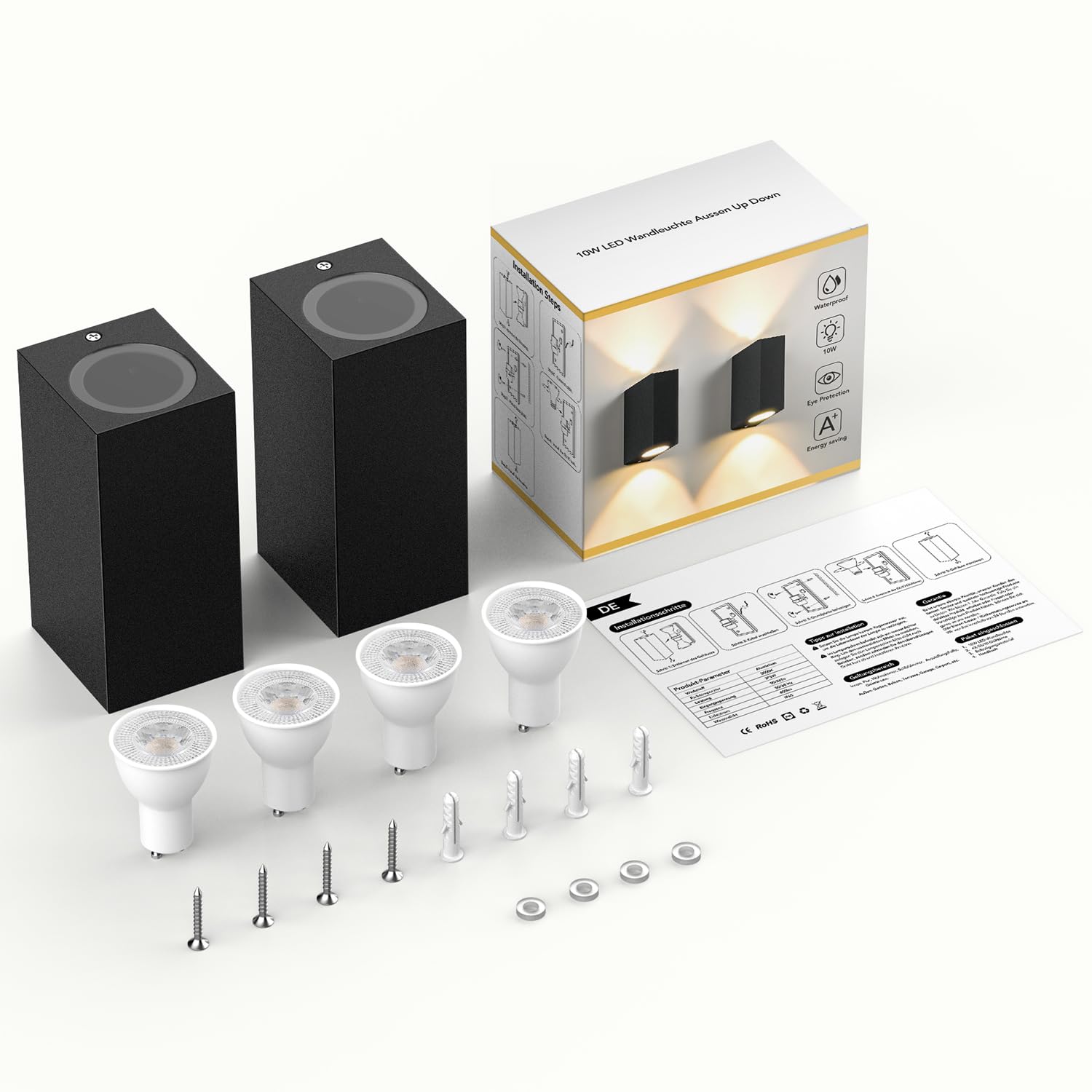 Aipsun 2 stuks wandlampen GU10 voor binnen en buiten, waterdicht IP65 moderne wandlamp, aluminium buitenlamp voor entree, terras