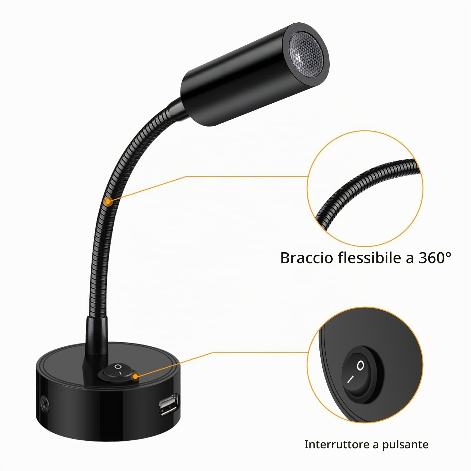 ERWEY 2 pezzi LED 12V Camper Lampade da Lettura Lampada da Parete camper a collo d'oca flessibile con USB, 3W 3000K DC 10-30V illuminazione interna per caravan yacht barca, nero