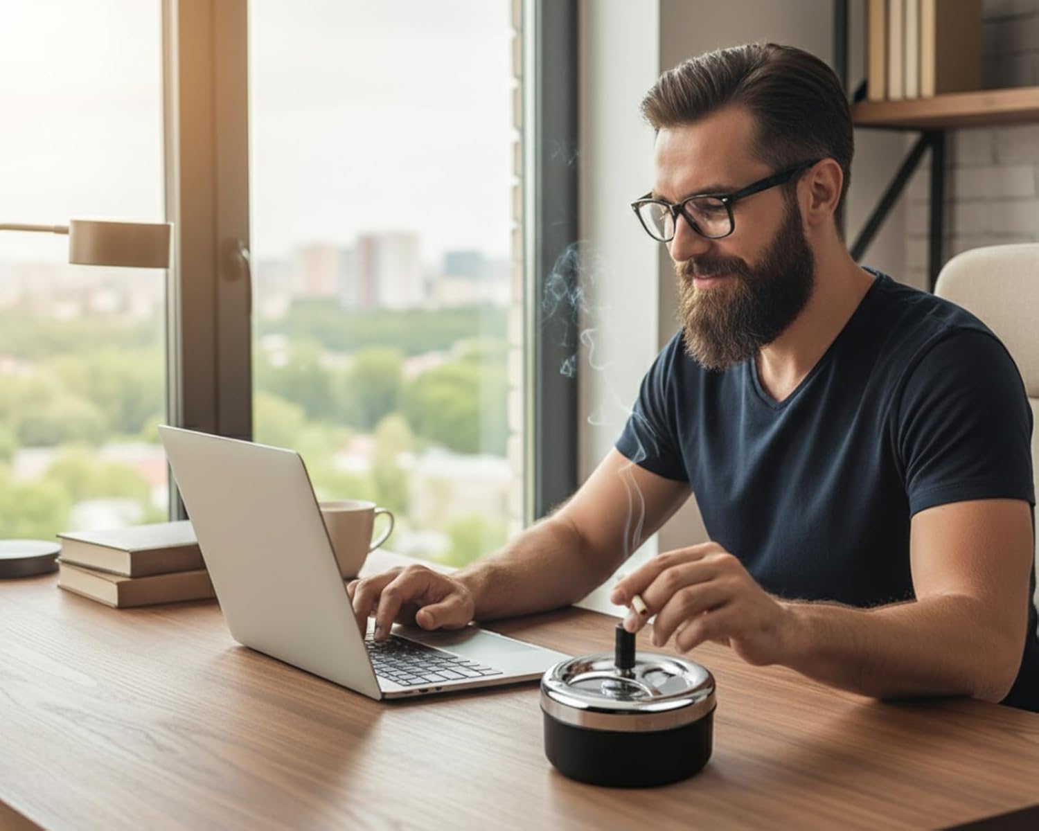 Round Push Down Ashtray with Spinning Tray Metal Cigarette Ash Tray Large 5.2 Inches Home Ashtray for Indoor and Outside Patio