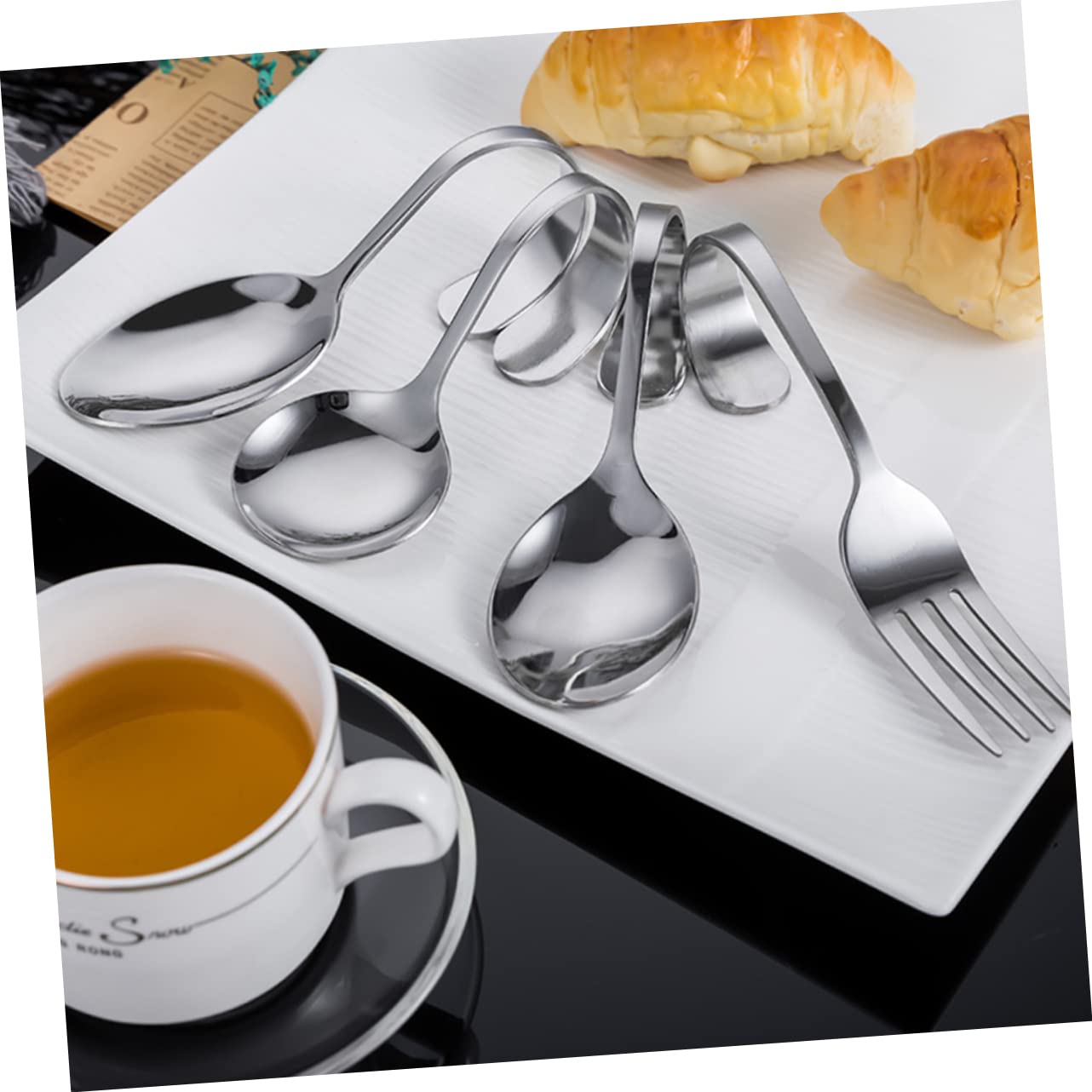 HOLIDYOYO 4pcs Spoon Curved Handle Scoops Mini Forks Steel Tableware Salad Forks Tool Flatware Seafood Tableware Caviar Stirring Scoop Appetizer Fork Pasta Pie Kit Silver Stainless Steel