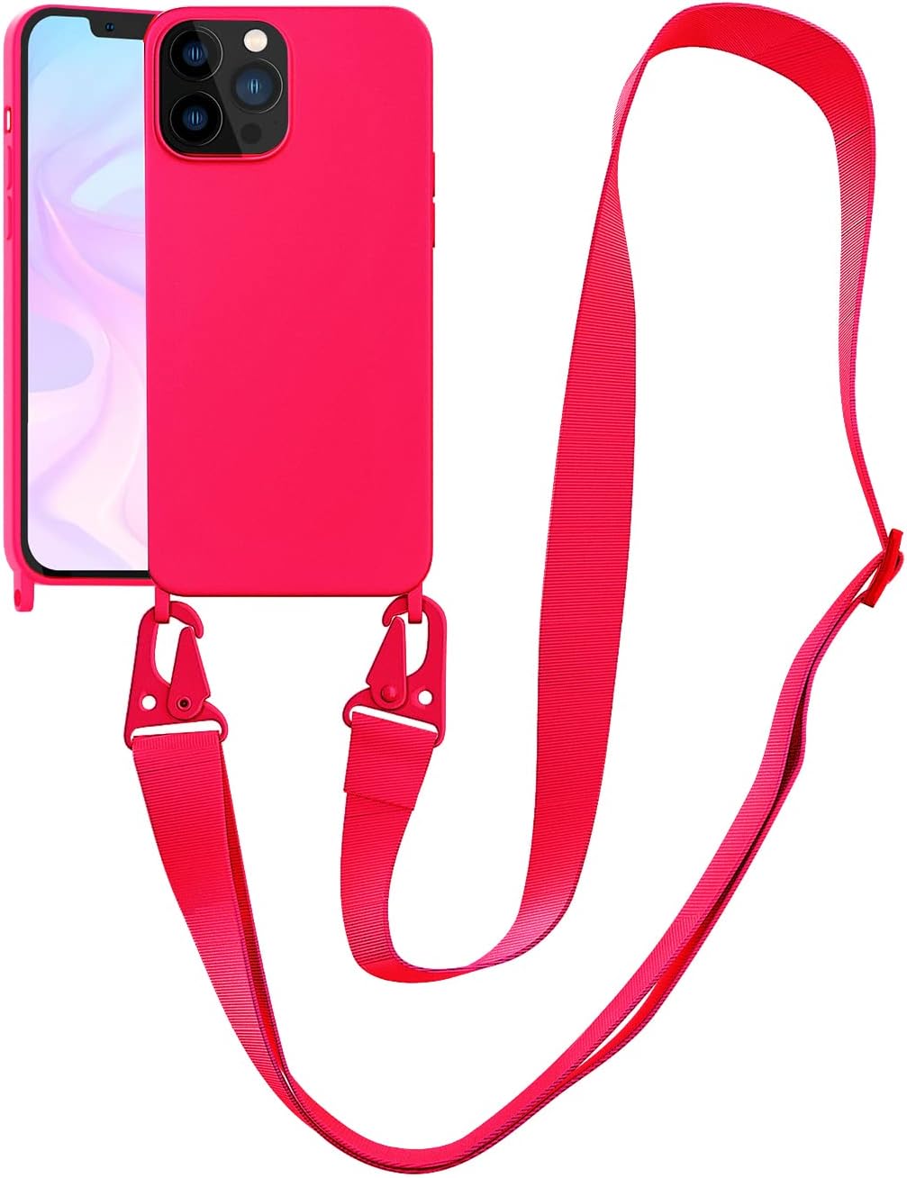 Compatible with iPhone 13 Pro Max Case Crossbody Phone Case with Strap Neck Lanyard Adjustable Shockproof Drop Protection Silicone Phone Cover for iPhone 13 Pro Max, 6.7’’ Neon Pink