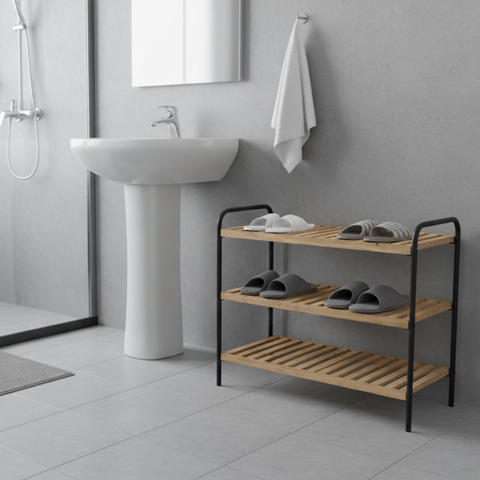 XZ-23244 Zapatero de 3 Niveles de Madera y Metal – Estante Organizador para Zapatos, Diseño Industrial, 70.5×28×56.6 cm – Ideal para Entrada, Dormitorio o Baño